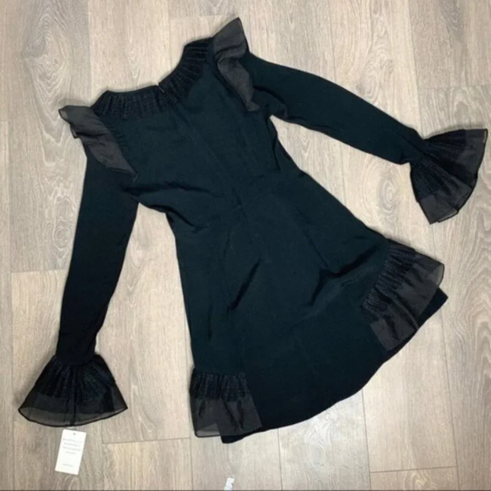Free People For Love & Lemons Mini Dress XS Flare Sleeve Ruffles Black Prom Grad - Picture 14 of 16